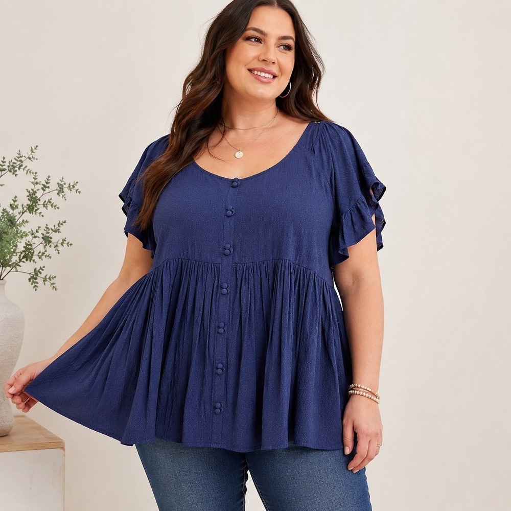 Torrid Navy Blue Rayon Dobby Cold Shoulder Bell Sleeve Babydoll Blouse 2 2X NEW